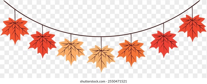 Maple leaves draped as decorations, perfect for autumn and party themes on a transparent background.vector