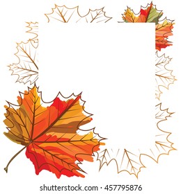Maple leaves engraved on the colored spot of paint . Background for labels, advertisements,photos, banners and websites.Vector illustration.
