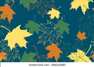Maple leaves falling a seamless pattern. Golden autumn. Park. Forest. Hand drawn vector.