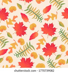 maple leaves, fern, oak, pattern seamless autumn harvest for printing on fabric on stationery universal application of vector illustration