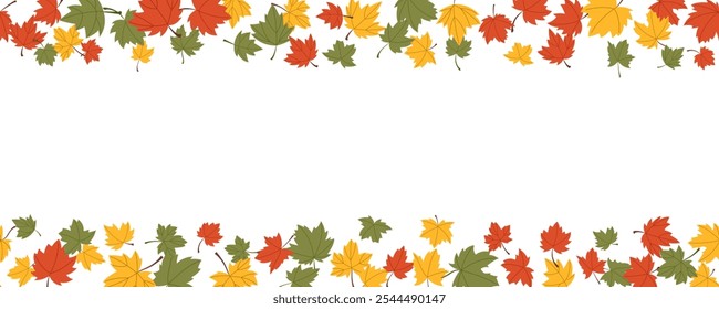 maple leaves flat style float decoration frame banner. fall and autumn leaves flying background horizontal