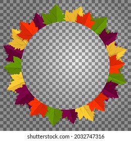 Maple leaves frame. Orange, yellow, green and purple.  Transparent background. Vector design.