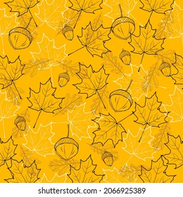 Hojas de arce dibujando a mano sobre fondo amarillo.Patrón abstracto.Concepto de otoño