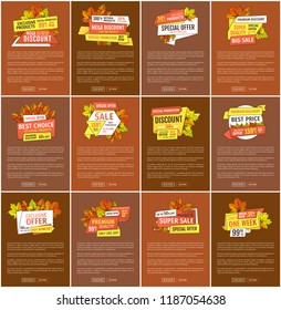 Maple leaves, oak foliage autumn symbols on advert leaflets. Exclusive offer only one day on Thanksgiving day. Mega sale promo posters set with text sample.