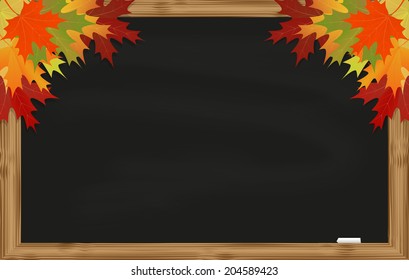 Maple leaves on black chalkboard with chalk in a wooden frame