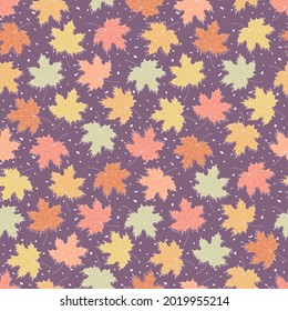 Maple leaves on a dark background, autumn decor. Ornament for wrapping paper, wallpaper, fabric, clothes, textile. Seamless vector  pattern in flat style. 