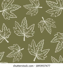 Maple leaves on a green background vector pattern. Maple leaves linocut.