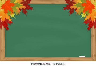 Maple leaves on green chalkboard with chalk in a wooden frame