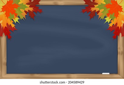 Maple leaves on grey chalkboard with chalk in a wooden frame