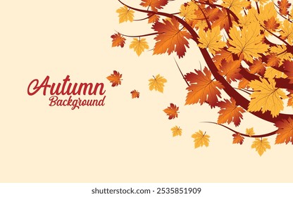 Maple leaves on tree branches. Autumn background template with falling leaves and with an empty space for text