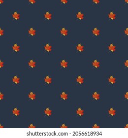 Maple leaves pattern. Imitation of Ikat wooven technic. Seamless vector texture on dark brown background.Print for textile, wrapping, cosmetics, wallpaper.