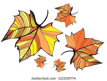 Maple leaves pattern on white background. Green yellow illustration, pen and pensile art. Fabric, wallpaper and paper pattern concept.
