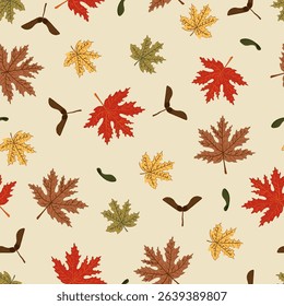 maple leaves and pod colorful autumn seamless pattern. Forest fall plant texture