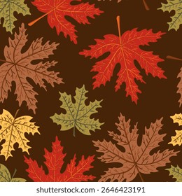 folhas de bordo e vagem colorido outono sem costura padrão. Textura de planta de queda de floresta