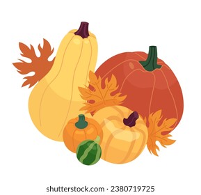 Maple leaves pumpkins 2D cartoon object. Thanksgiving decoration. Autumn gourds isolated vector item white background. November foliage vegetables. Harvest fall season color flat spot illustration