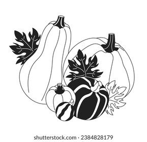 Maple leaves pumpkins black and white 2D cartoon object. Thanksgiving. Autumn gourds isolated vector outline item. November foliage vegetables. Harvest fall season monochromatic flat spot illustration