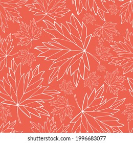 Maple leaves seamless pattern. Acer foliage outline boundless background. Floral endless texture. Pink and white leaves сute pastel repeating surface design