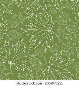 Maple leaves seamless pattern. Acer foliage outline boundless background. Floral endless texture. Green and white leaves сute pastel repeating surface design