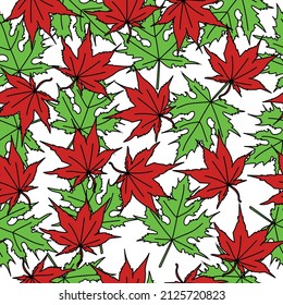 Maple leaves seamless pattern, green and red autumn leaves in doodle style on a white background vector illustration