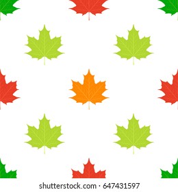 Maple leaves seamless pattern. Orange, green, yellow leaf in cartoon flat style