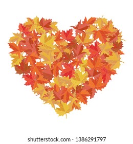 Maple leaves in the shape of heart. Vector illustration. I love autumn. Greeting card. Red, orange and yellow colors.