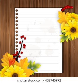 Maple leaves and sunflower with paper sheet on wooden background.Vector