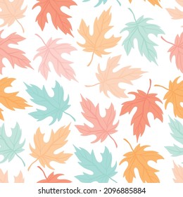 Maple leaves, tree leaves.  Seamless floral pattern with maple leaves in pastel colors. Canada. Colorful botanical background. Fall season clip art.