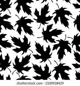 Maple leaves, tree leaves. Seamless floral pattern with black silhouettes of maple leaves on a white background. Canada. Fall season clip art.