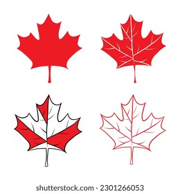 Juego de vectores de hojas de arce, hoja canadiense, leas rojas, hoja de contorno, hoja de silueta