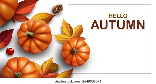maple leaves,pumpkins,pine cones,rowan,acorn on the white background.autumn festival and thanksgiving concept card,background,seasonal business advertising banner design vector illustration.