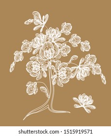 Maple lionfish stylized tree. Ethnic pattern with white lines.