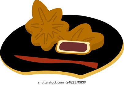 Manju de arce (bollo de mermelada de frijol al vapor) ilustración plana de color. Icono de Vector.
