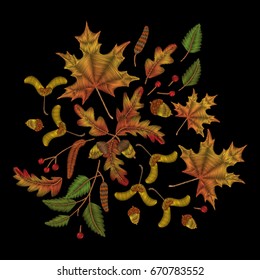 Maple, oak, autumn composition, seeds, harvest. Traditional folk stylish stylish embroidery stitch on a black background. Sketch for printing on clothing, fabric, bag, accessories and design. Vector