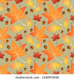 Maple and oak leaves with acorns seamless pattern random repeat.