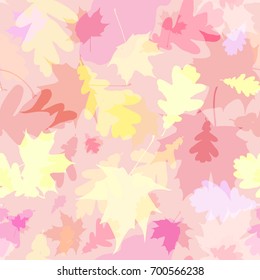 Maple and oak leaves. Autumn mood. Yellow and pink colors. Soft floral texture. Seamless pattern. Abstract vector background for web page, banners, fabric, home decor, wrapping 