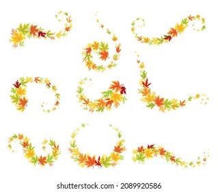 Maple Palmate Leaves of Bright Autumn Colour Arranged in Decorative Swirling Line Vector Set