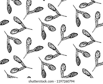 Maple seeds, sketch in graphic style liner, pattern isolated on white background, stock vector illustration for design and decor, for prints for fabrics
