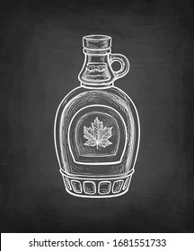 Maple syrup bottle. Chalk sketch on blackboard background. Hand drawn vector illustration. Retro style.