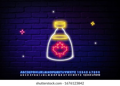 Ahornsirup-Flasche mit Blattneonzeichen. Kanada, trinken, Werbegestaltung. Nachtschwärmer-Neonzeichen, bunter Plakatwand, heller Banner. Vektorillustration im Neonstil.