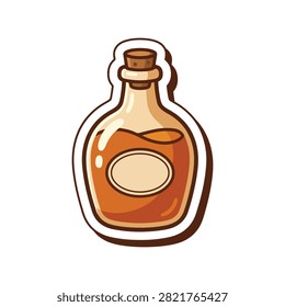 Maple syrup bottle sticker icon. Autumn harvest glass jar with cork stopper illustration.
