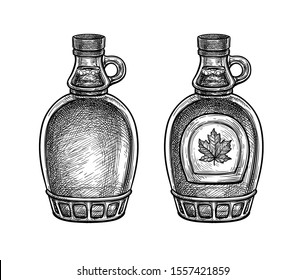 Maple syrup bottles. Ink sketch isolated on white background. Hand drawn vector illustration. Retro style.