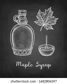 Maple syrup. Collection of chalk sketches on blackboard background. Hand drawn vector illustration. Retro style.