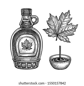 Maple syrup. Collection of ink sketches isolated on white background. Hand drawn vector illustration. Retro style.