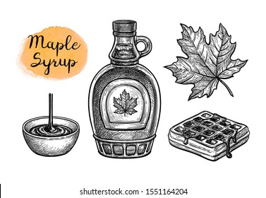 Maple syrup. Collection of ink sketches isolated on white background. Hand drawn vector illustration. Retro style.