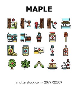 Maple Syrup Delicious Liquid Icons Set Vector. Sap For Collection, Equipment For Filtration And Bottling On Factory Conveyor Line. Tasty Sweet Ingredient For Pancake Color Illustrations