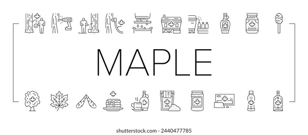 Maple Syrup Delicious Liquid Icons Set Vector. Sap For Collection, Equipment For Filtration And Bottling On Factory Conveyor Line. Tasty Sweet Ingredient For Pancake Black Contour Illustrations