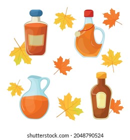 Maple Syrup In A Glass Bottle. Vector Set Of Cartoon Illustrations.