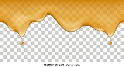 Maple syrup, honey drip spill, flowing melted liquid. Sweet dessert, fruit orange juice, caramel,  leaking sauce. Isolated on transparent background. Vector illustration