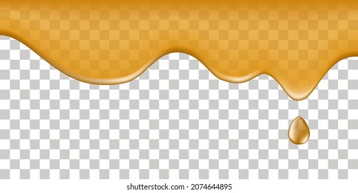 Maple syrup, honey drip spill, flowing liquid melted texture. Sweet dessert; fruit orange juice; caramel; leaking sauce. Isolated on transparent background. Vector illustration