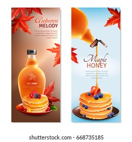 Maple syrup horizontal banners set with autumn melody symbols cartoon isolated vector illustration 